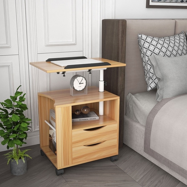 Movable End Table with Height Adjustable Swivel Top and 2 Drawers， Wood End Table with Open Shelf and Q-Type Clip