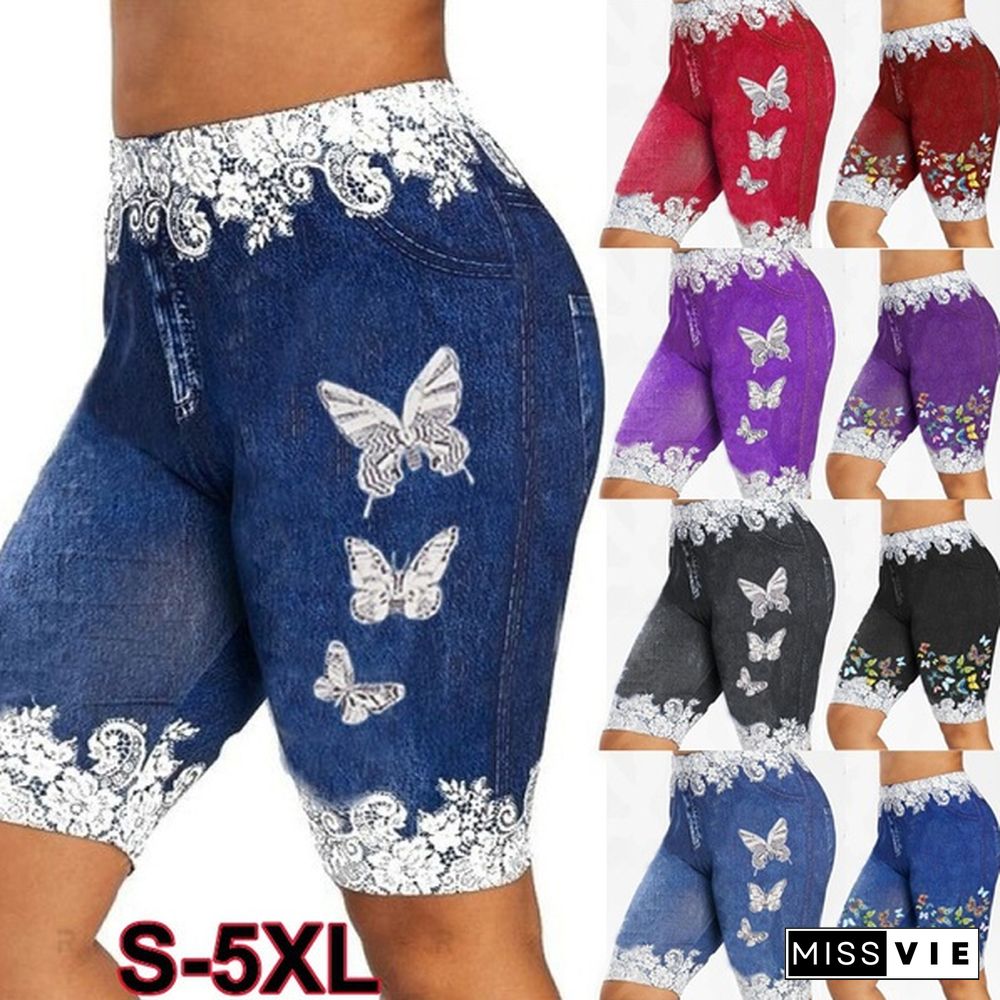 Women Fashion Skinny Casual Denim Jeggings Lace Up ButterflyPrint Shorts Leggings CapriShorts Plus Size S-5XL