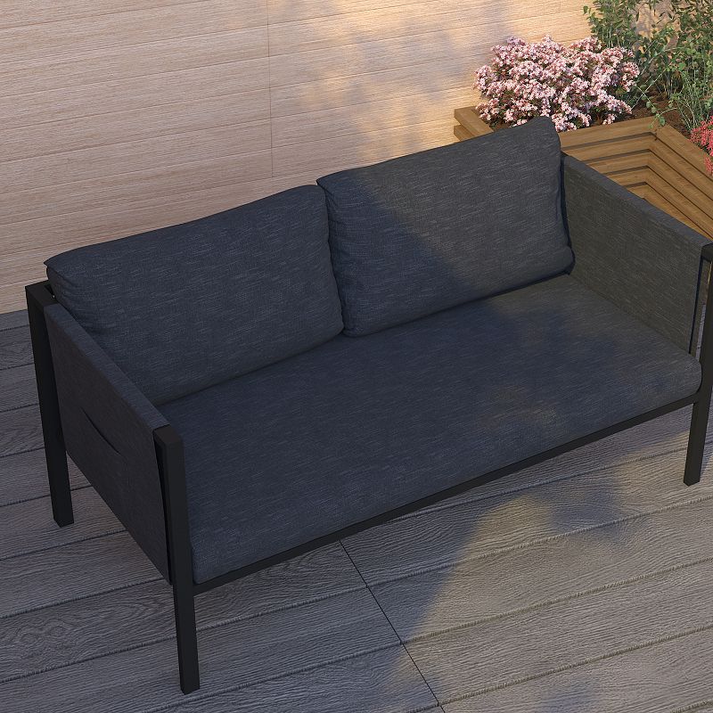 Merrick Lane Cape Cod Outdoor Love Seat/Sofa With Removable Charcoal Fabric Cushions And Black Steel Frame