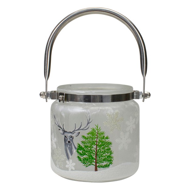 Deer Pine And Snowflakes Hand Painted Flameless Glass Candle Lantern