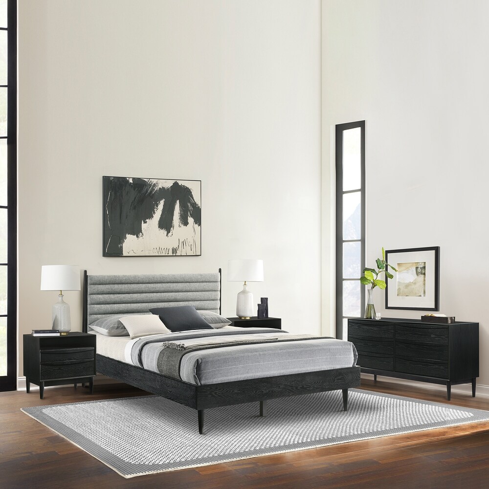 Artemio Black or Walnut Wood 4 Piece Bedroom Set with Grey Upholstered Headboard