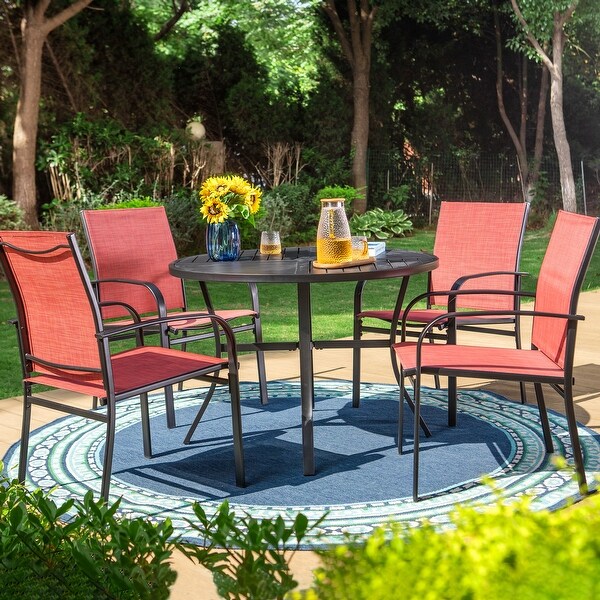 MAISON ARTS 5Piece Patio Dining Set，Geometrically Stamped Round Table and 4 Textilene Dining Chairs