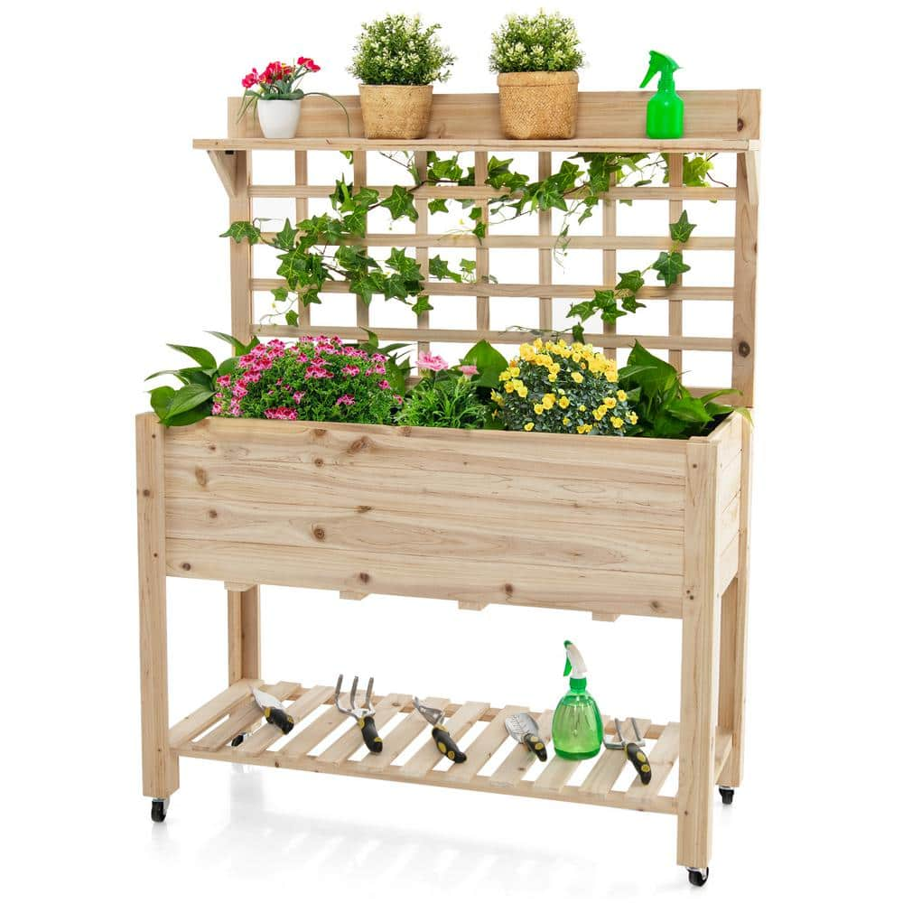 HONEY JOY 41.5 in. x 16 in. x 54 in. Wood Raised Garden Bed Elevated Planter Box with Wheels Bed Liner Top/Bottom Storage Shelves TOPB006551