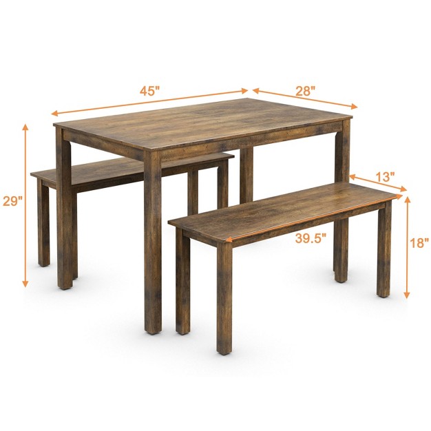 3pcs Dining Set Modern Studio Collection Table With 2 Benches Wood Legs Coffee