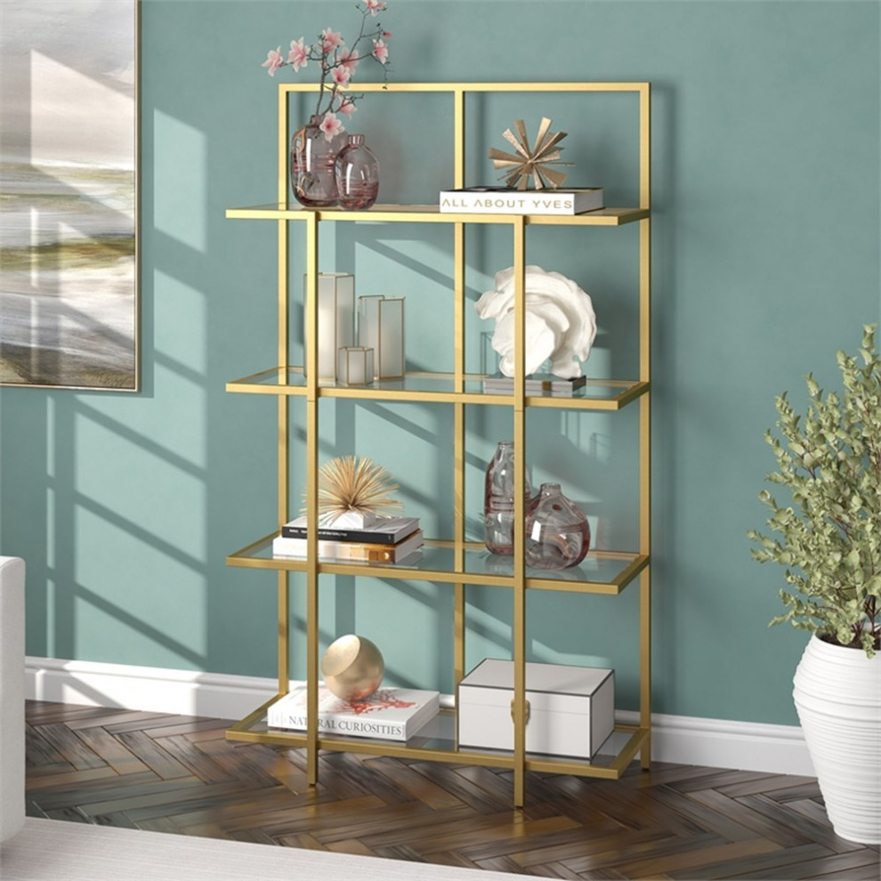 Pemberly Row 62 quotStandard Metal 4 Tier Bookcase with Tempered Glass in Gold   Contemporary   Bookcases   by Homesquare  Houzz