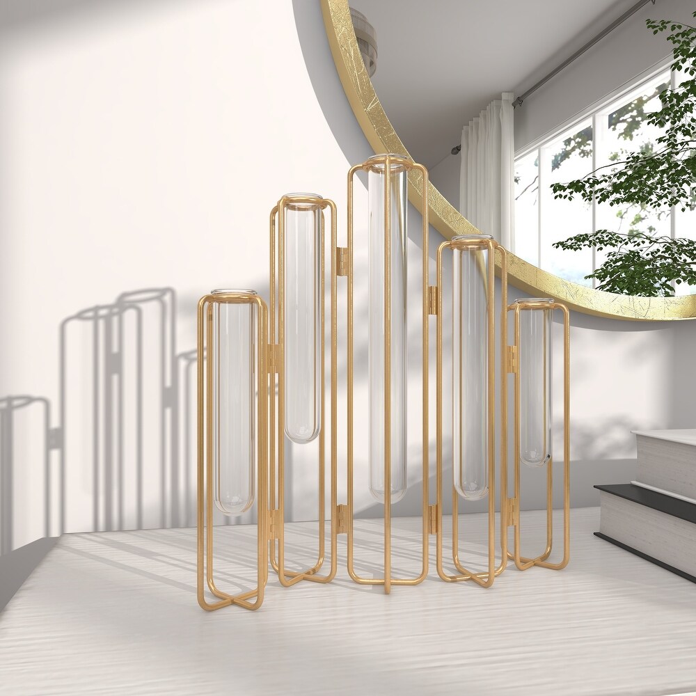 Gold or Silver Metal Foldable Vase with Clear Glass Tubes