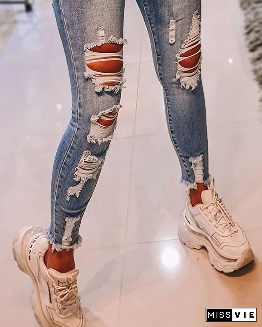 High Waist Cutout Ripped Skinny Jeans