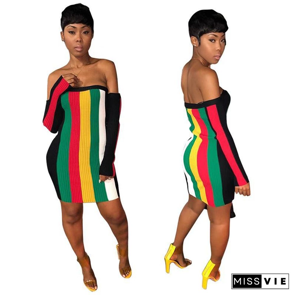 Sexy Strapless Off Shoulder Rainbow Stripes Mini Bodycon Dress