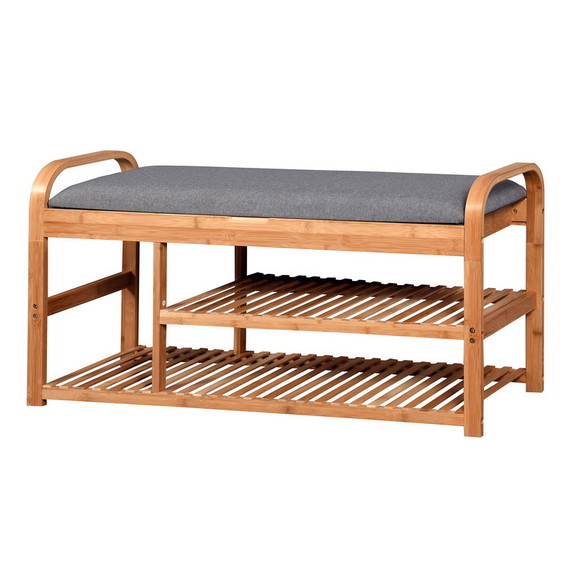 Living Room Bamboo Storage Bench  Entryway 3 Shelv...