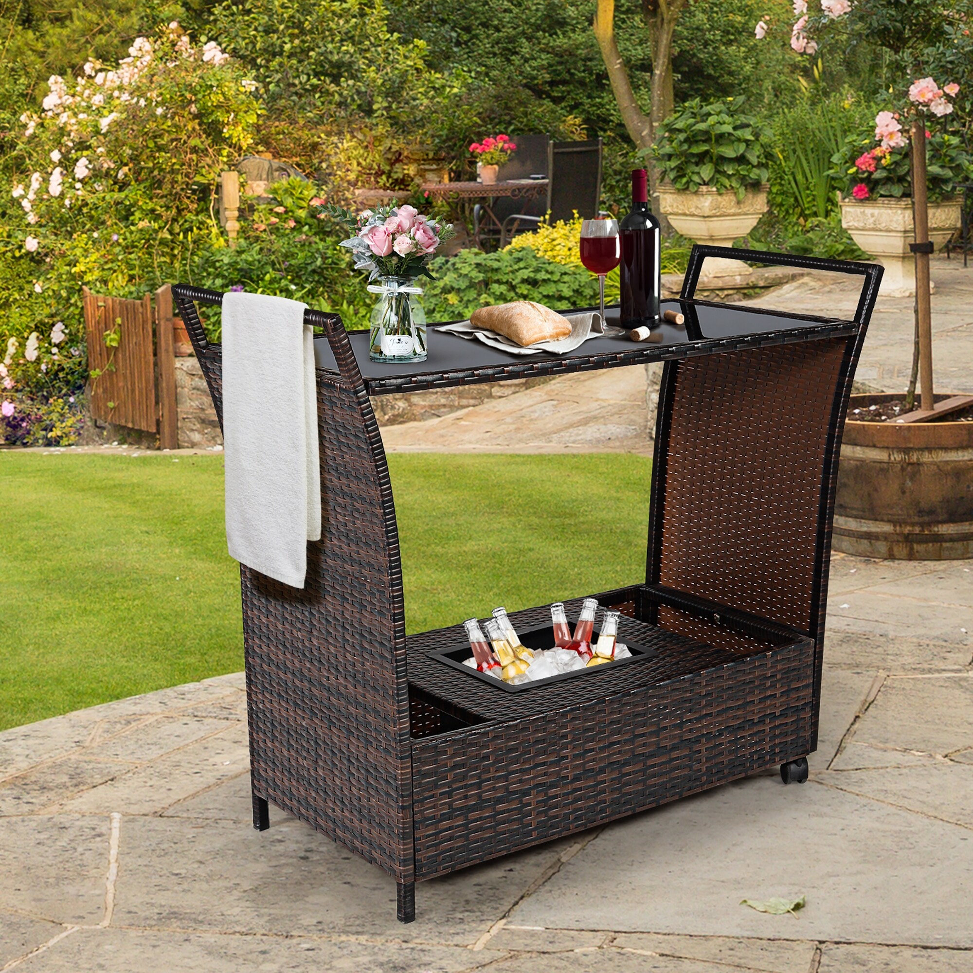 Wicker Bar Cart Patio Counter Table with Wheels and Ice Bucket