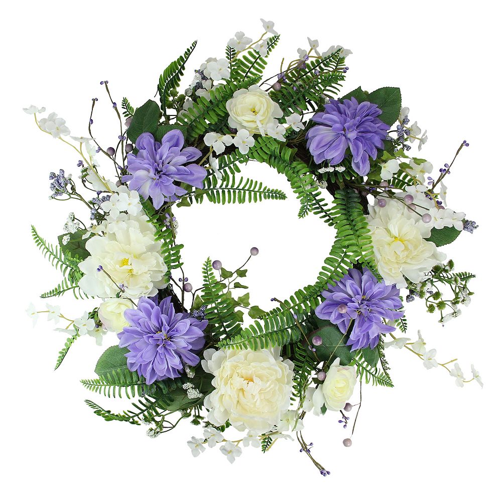 Daisy and Peony Foliage Twig Artificial Floral Wreath  Purple 22-Inch