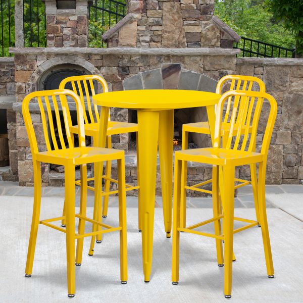 Flash Furniture 30'' Round Yellow Metal Indoor-Outdoor Bar Table Set with 4 Vertical Slat Back Barstools