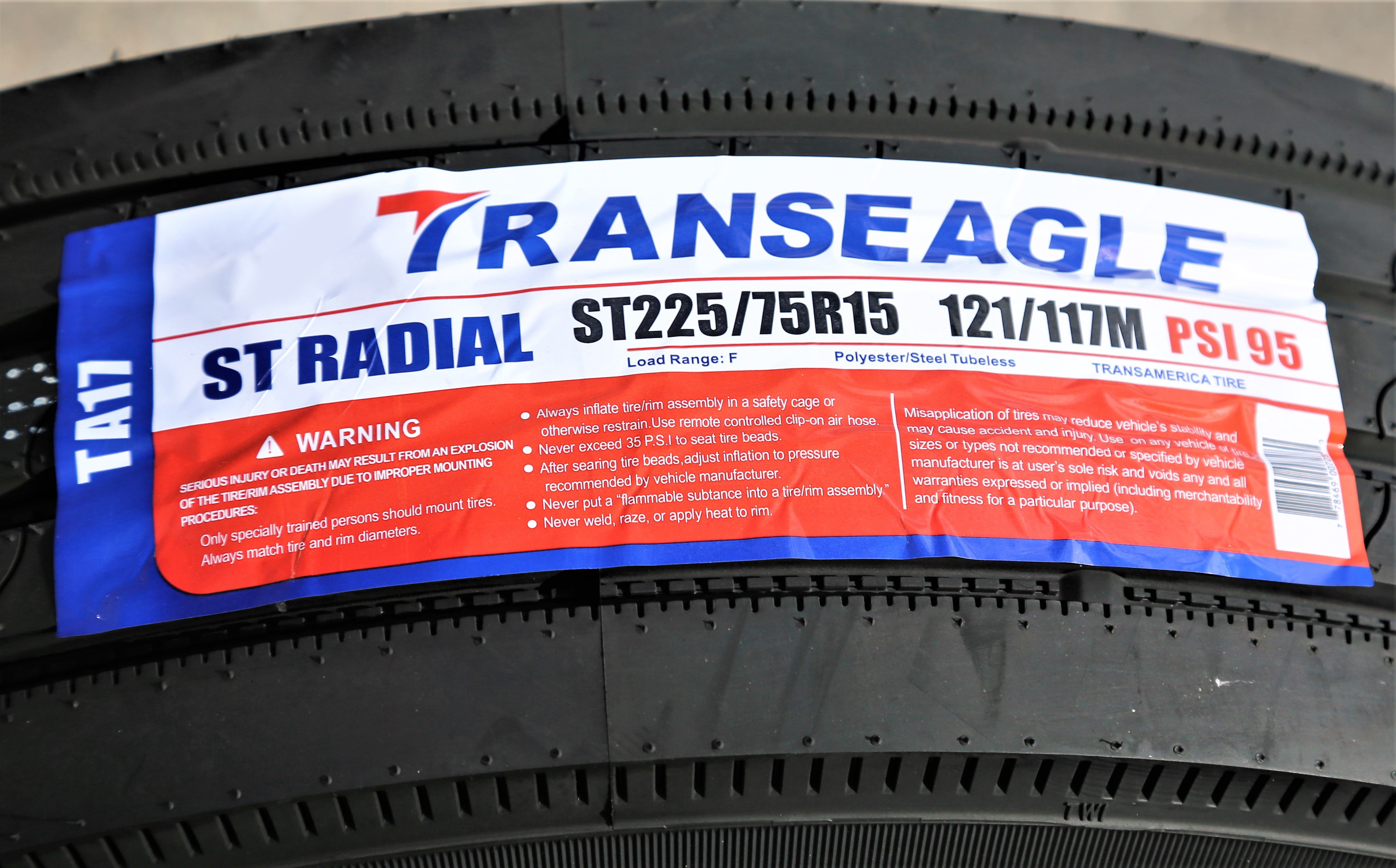 Transeagle All Steel ST Radial 225/75R15 Load F 12 Ply Trailer Tire