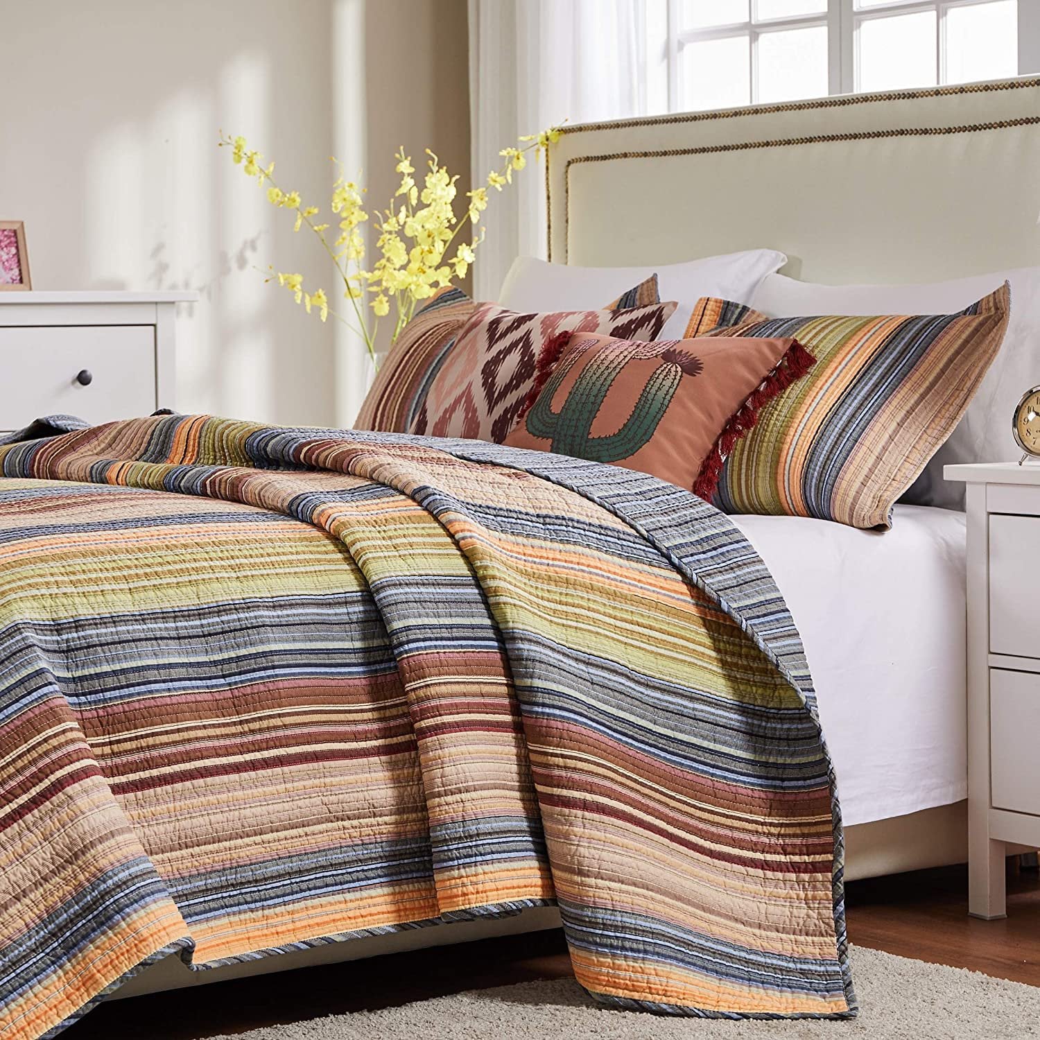 Greenland Home Fashions Katy Boho Stripe 100% Cotton Quilt and Pillow Sham Set， 2-Piece Twin/Twin XL