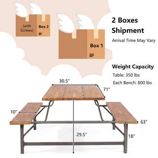 ANGELES HOME 6-Person Rectangle Wood Outdoor Picnic Table and Bench Set with 2 Inch Umbrella Hole 558CKKC465+