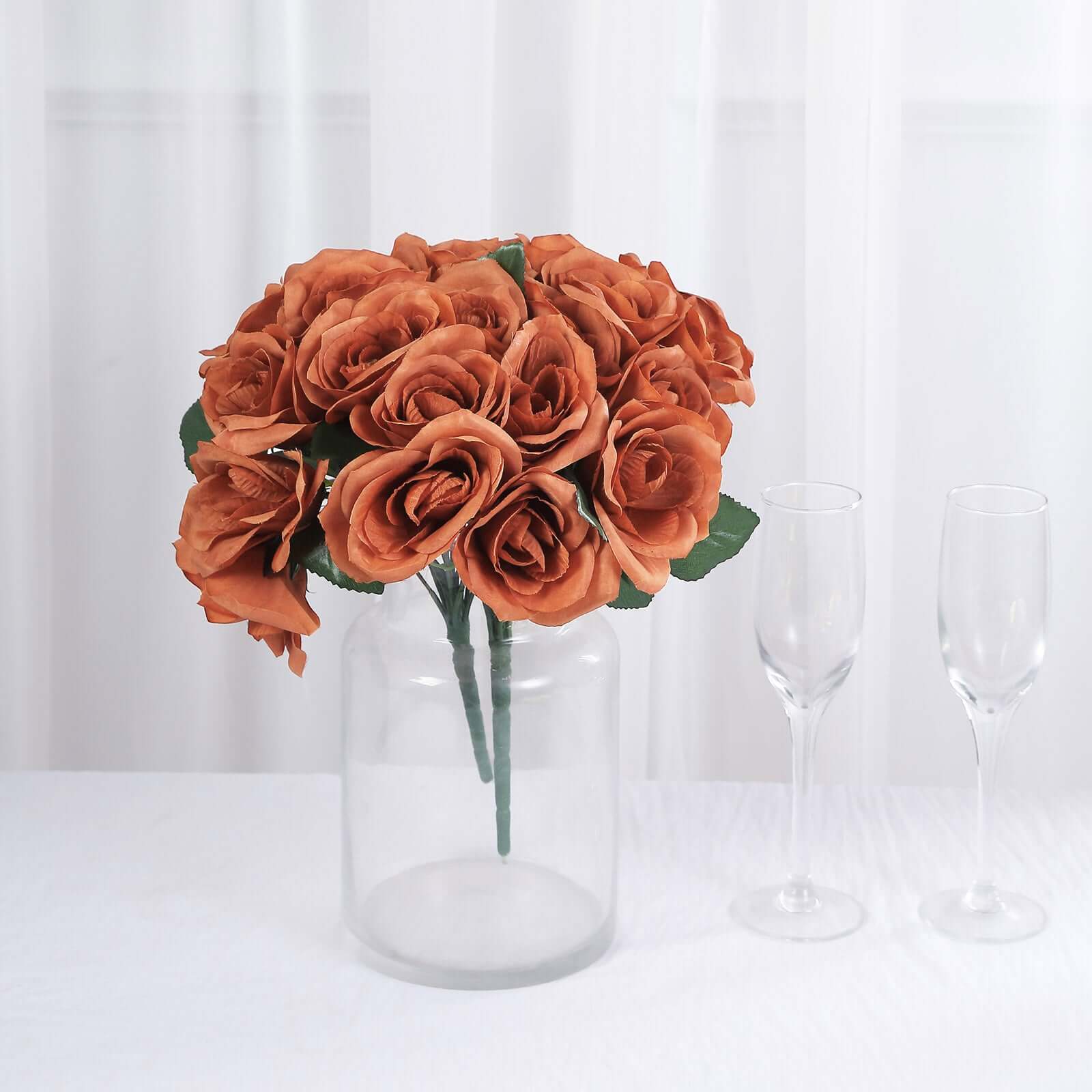 Terracotta (Rust) Artificial Velvet-Like Fabric Rose Flower Bouquet Bush 12