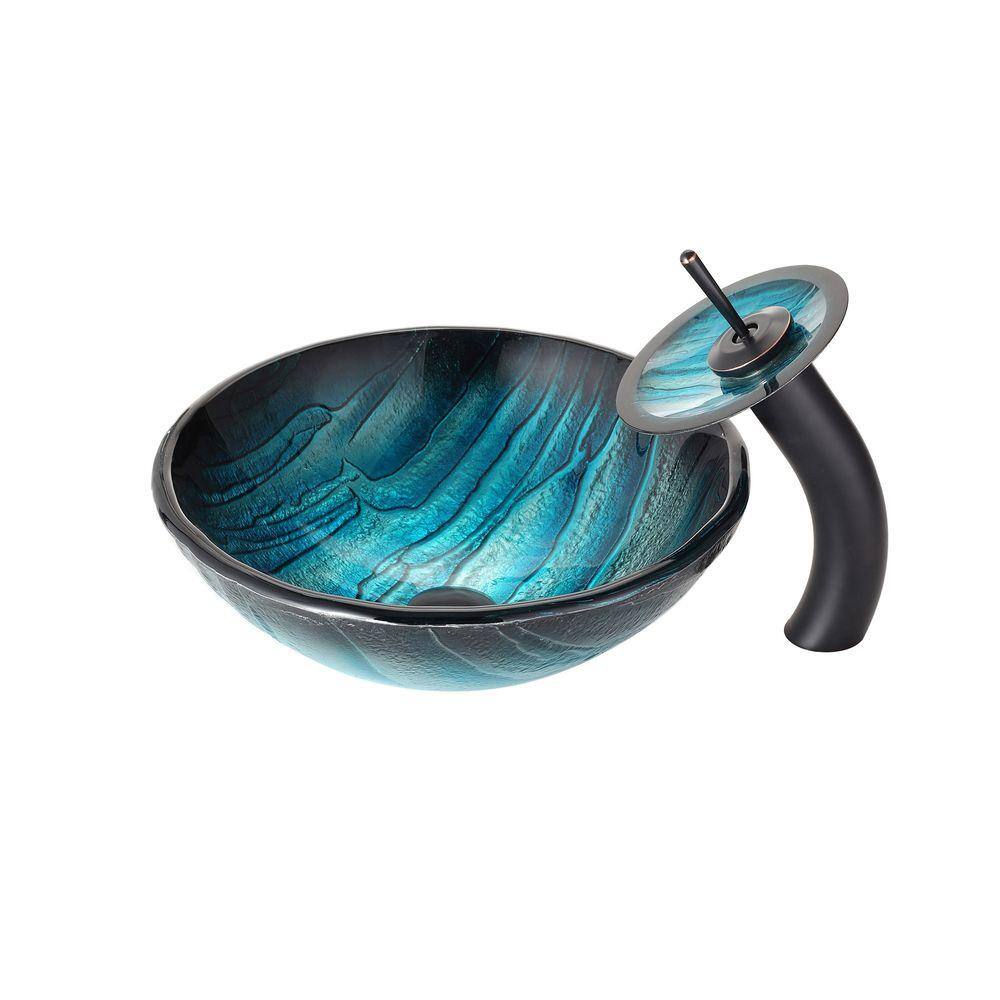 KRAUS Ladon Glass Vessel Sink in Blue with Waterfall Faucet in Oil Rubbed Bronze C-GV-399-19mm-10ORB