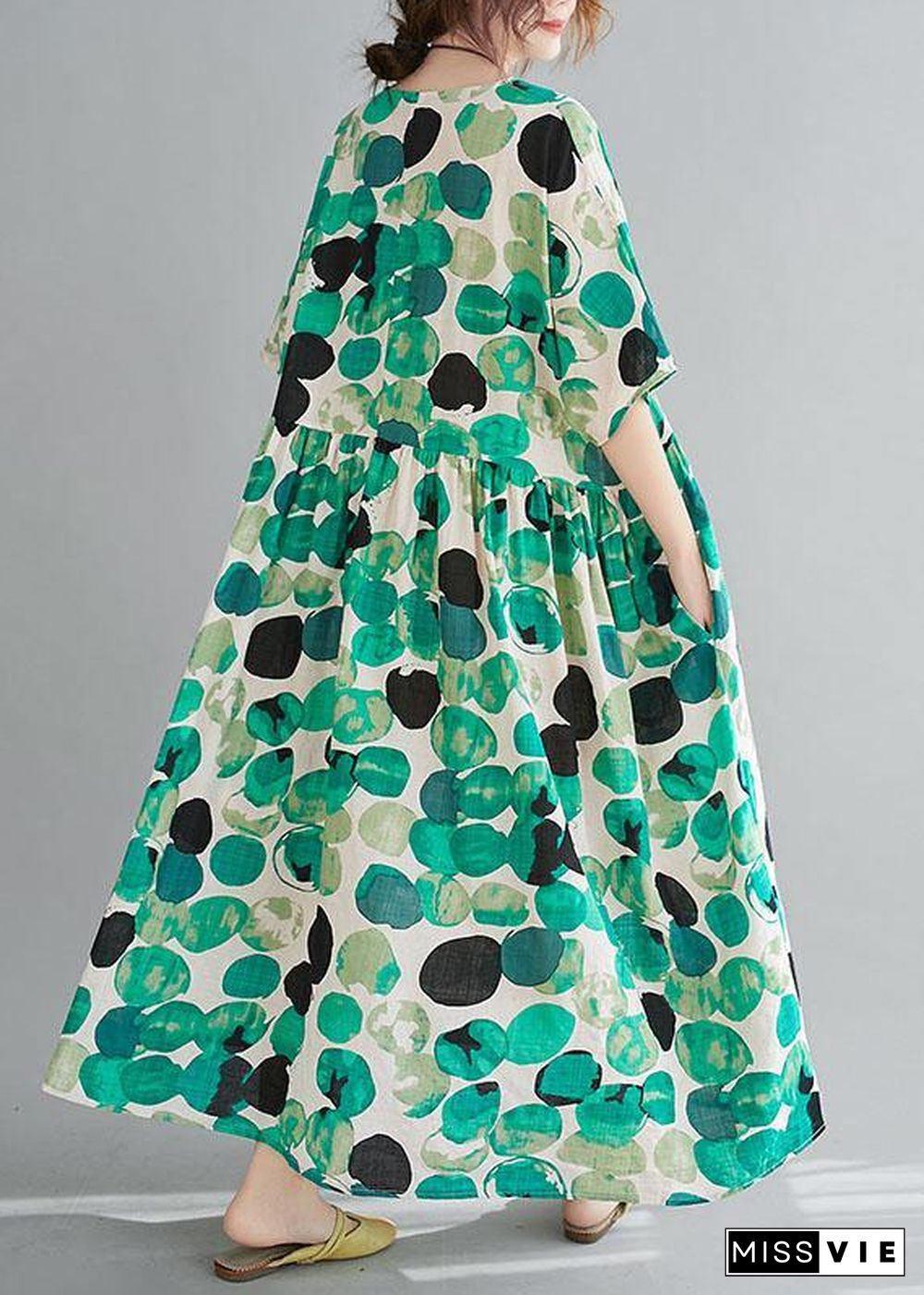 Fashion Green Dot Print Pockets Summer Vacation Dresses Half Sleeve