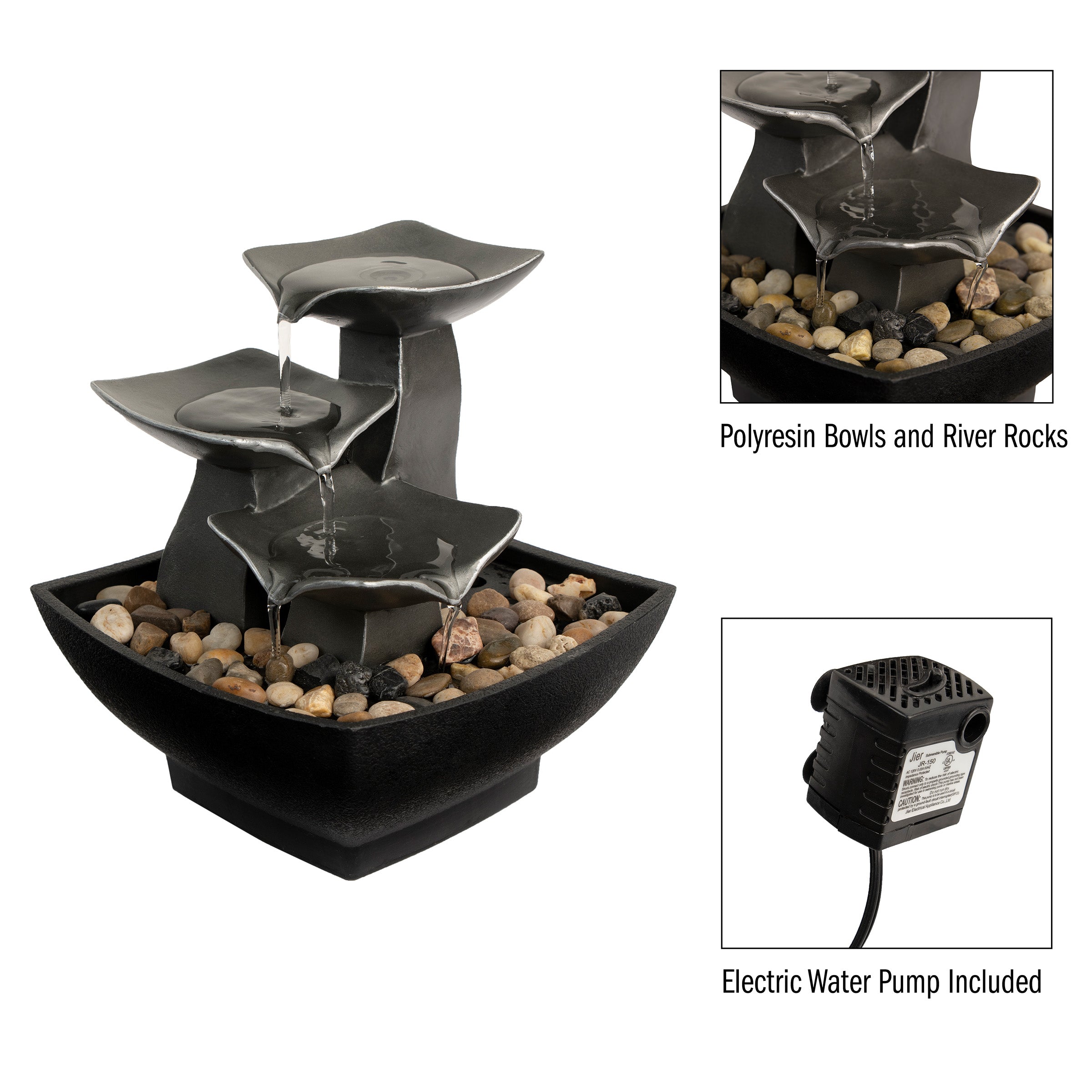 Tabletop Water Fountain- 3 Tier， 7-Inch Raku Bowl Waterfall with Electric Pump by Pure Garden