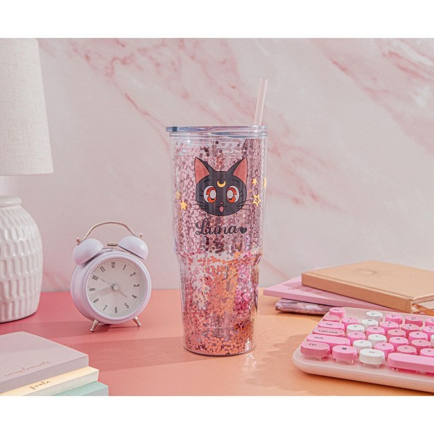 Just Funky Sailor Moon Luna And Artemis Glitter Tumbler With Lid And Straw Hold 31 Ounces