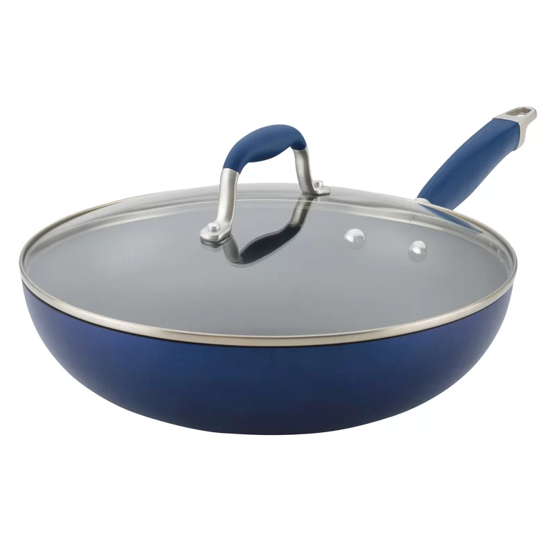 Anolon 84612 12 Covered Ultimate Hard Anodized Aluminum Stirfry Pan， 12 Inch， Indigo