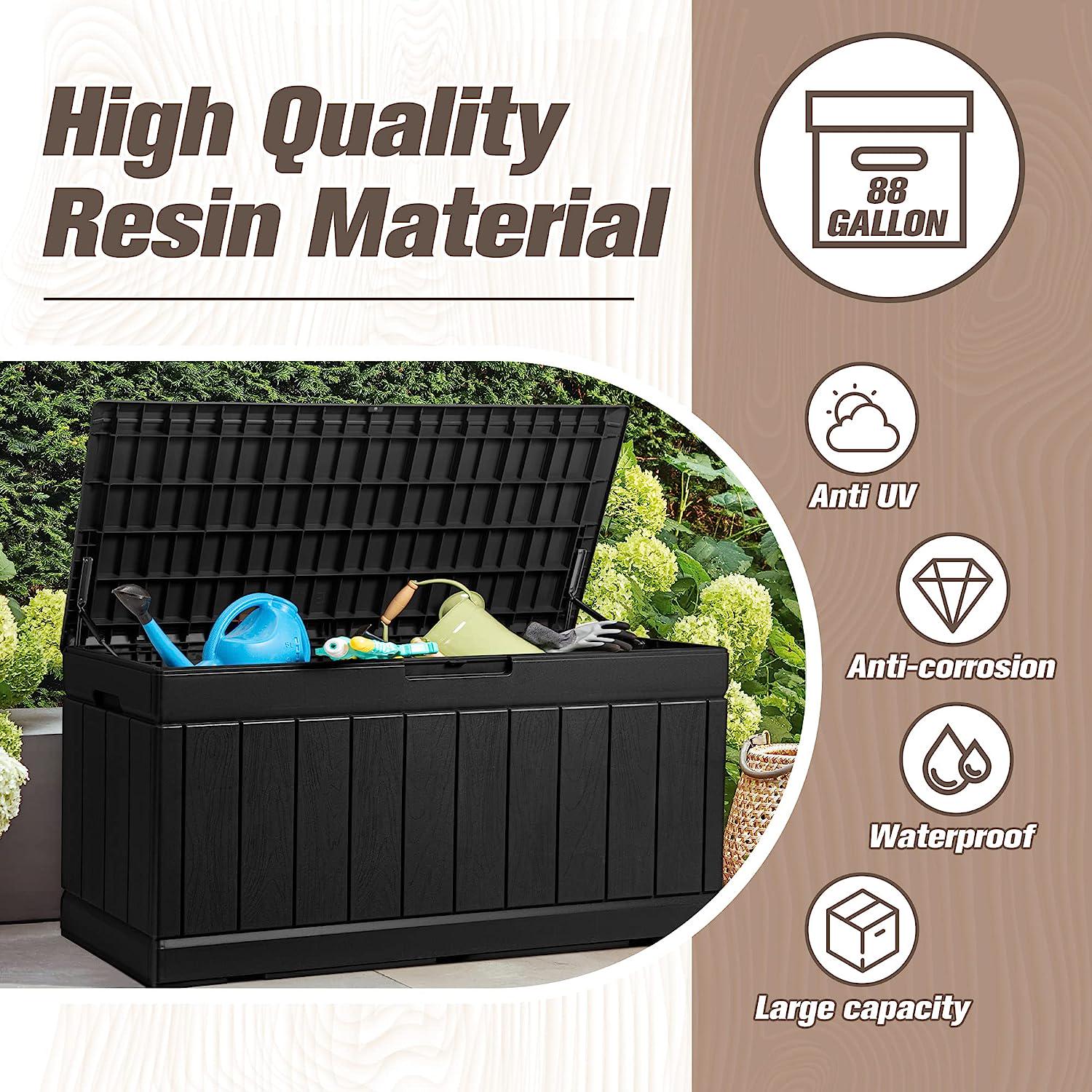 JUMMICO 88 Gallon Outdoor Deck Box Large Resin Storage Box for Patio Furniture Cushions, Toys, and Garden Tools (Black)