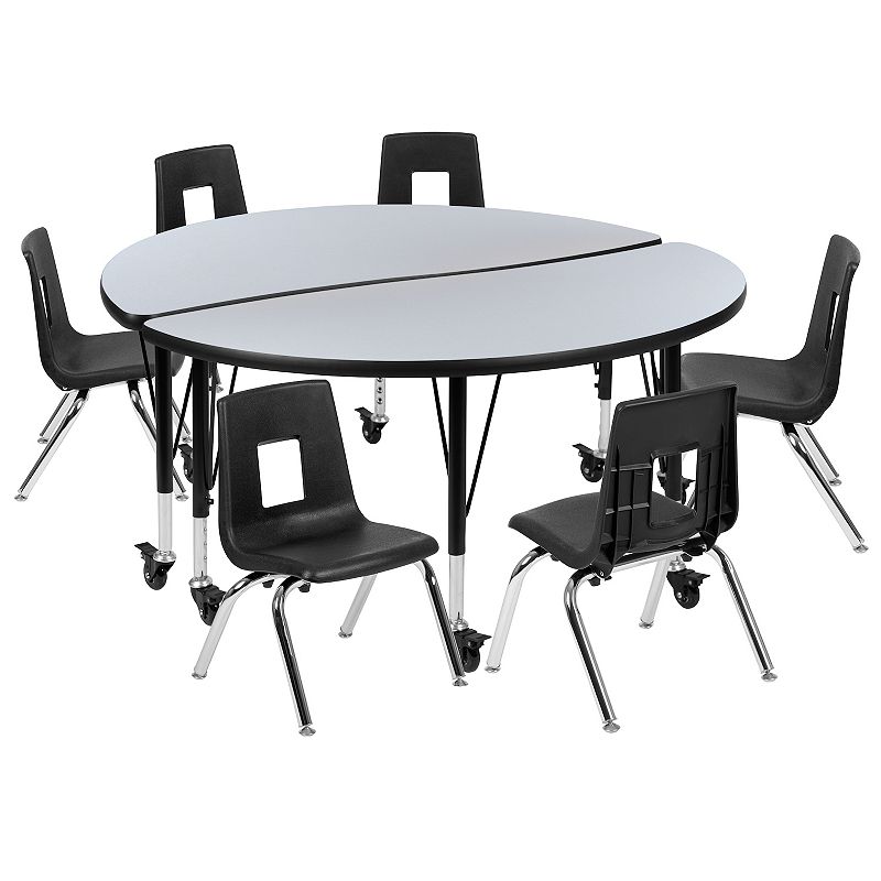 Emma and Oliver Mobile 47.5 Circle Wave Activity Table Set-14 Student Stack Chairs， Oak/Black