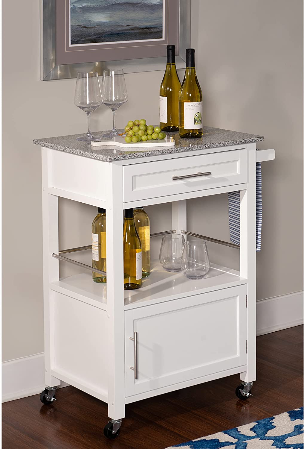 Linon White Wood Base with Mdf Granite Top Rolling Kitchen Cart (27-in x 18-in x 36-in)