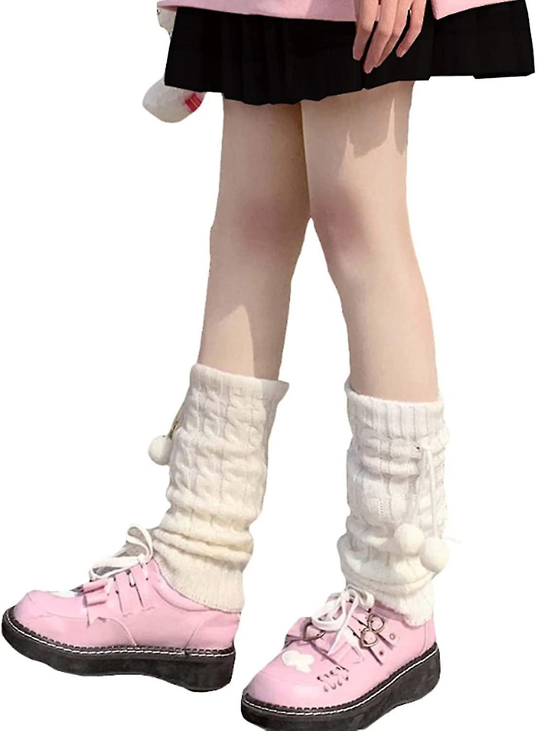 Women Girls Japanese Kawaii Knitted Long Crochet Wool Ball Leg Warmers Knee High