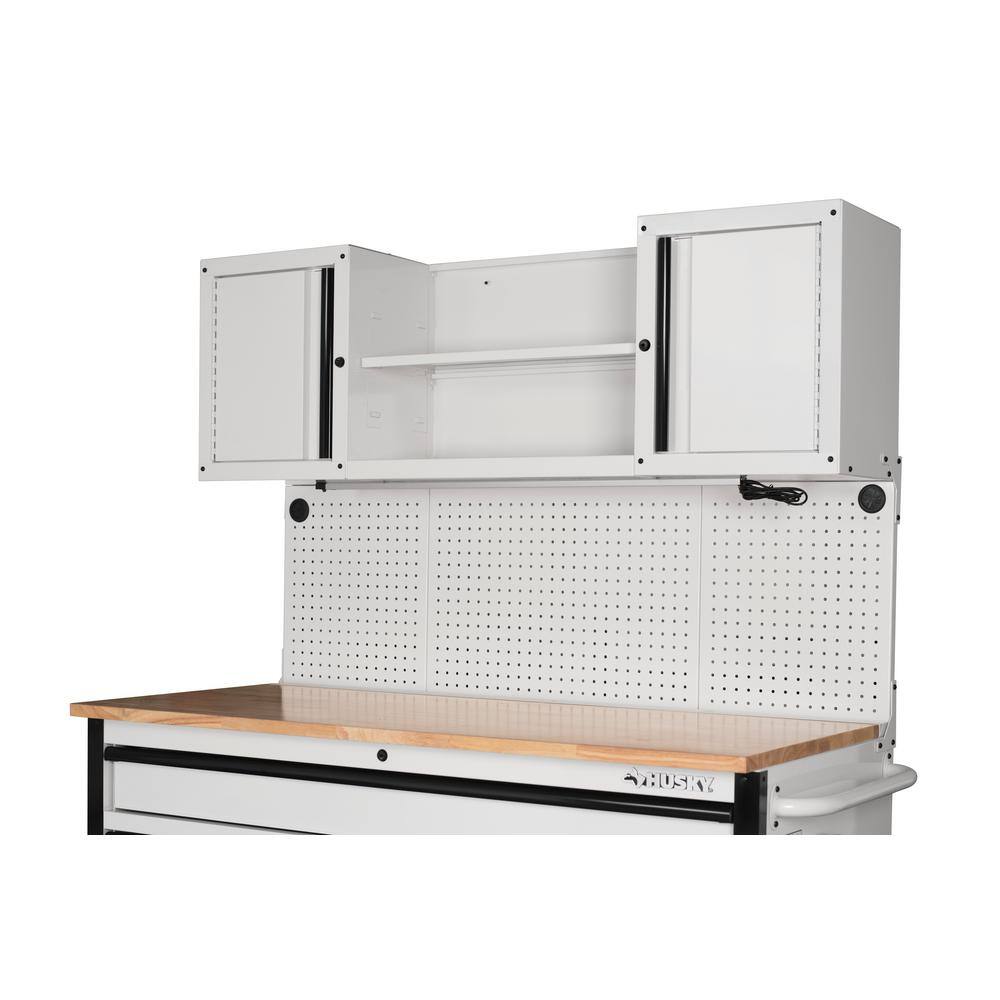 Husky 56 in. W x 27.6 in. D Heavy Duty 10-Drawer Gloss White Mobile Workbench with Pegboard and Top Cabinets H56ULTWSGW