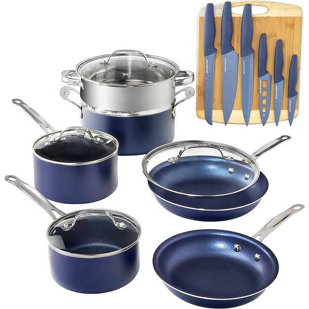 Granitestone 17 Piece Blue Cookware Set Including Knife Set And Bamboo Cutting Board