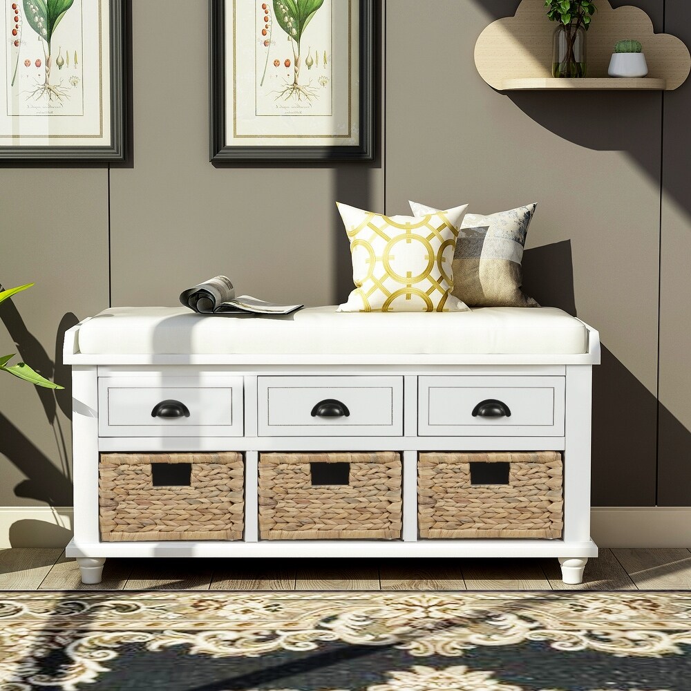 Shoe Storage Bench with 3 Drawers and 3 Rattan Baskets for Cabinet Entryway  Hallway with Removable Cushion  Foot Rest Stool