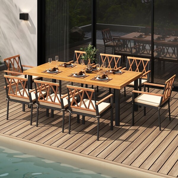 Gymax 9 PCS Patio Dining Set Acacia Wood Table w/ Soft Cushions and