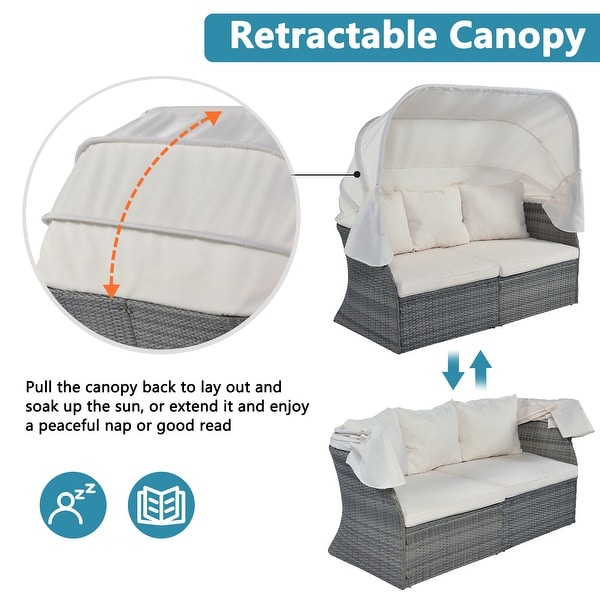 6Piece Outdoor Daybed Set with Retractable Canopy and Conversation Area