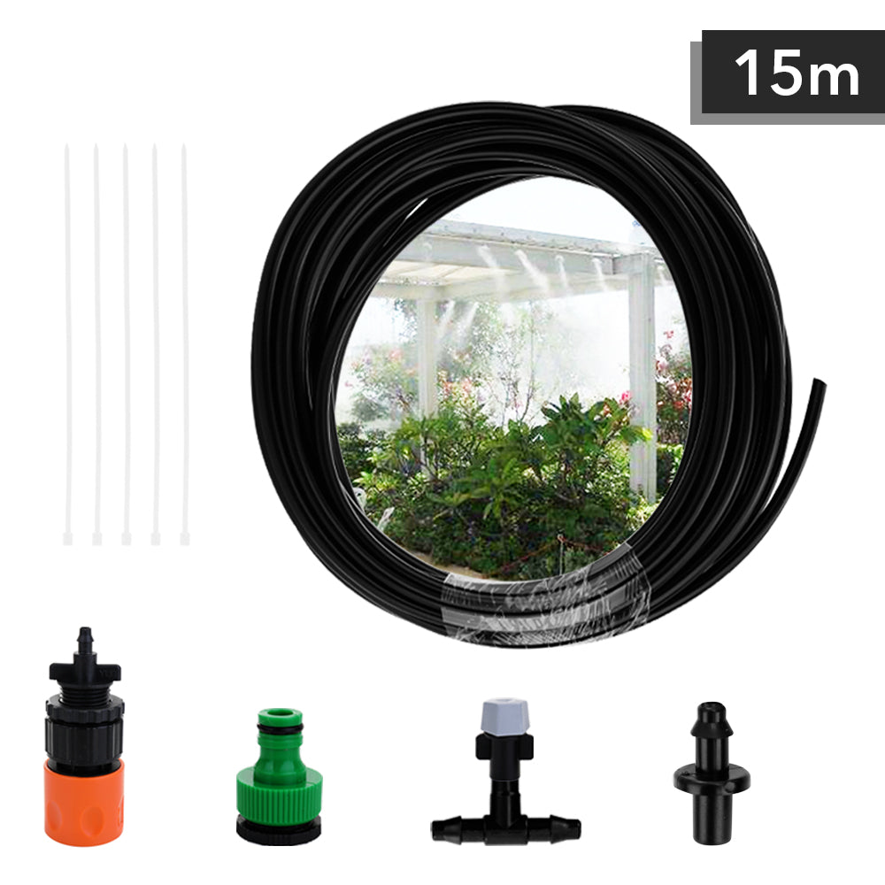 Romacci 15m Adjustable Misting Cooling Irrigation System Watering Kit Hose Nozzle Plug Connecter Fittings with 20 Orange Nozzles Garden Patio Waterring for Outdoor Swimming Pool Tee Joints