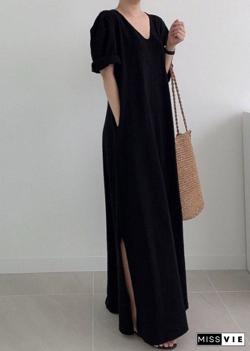 Black Side Open Knit Maxi Dress Long Sleeve