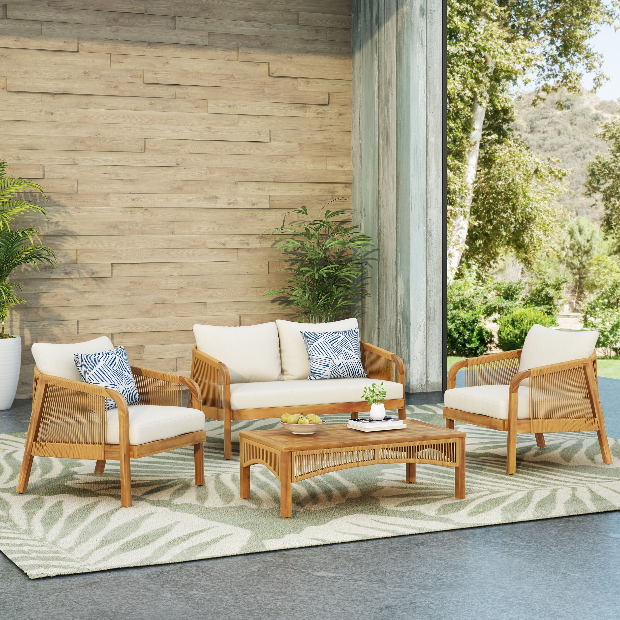 Allerton Outdoor Acacia Wood and Wicker 4 Seater Chat Set with Cushions, Teak, Light Brown, and Beige