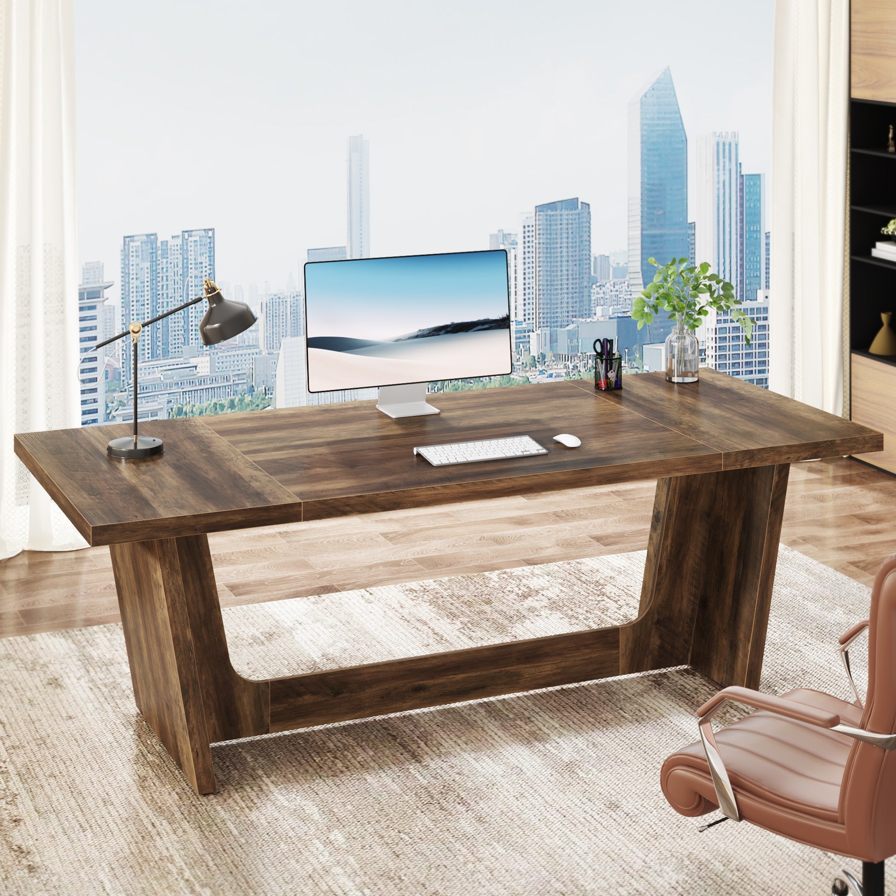 70.8-Inch Executive Desk, Wood Study Computer Desk Writing Table