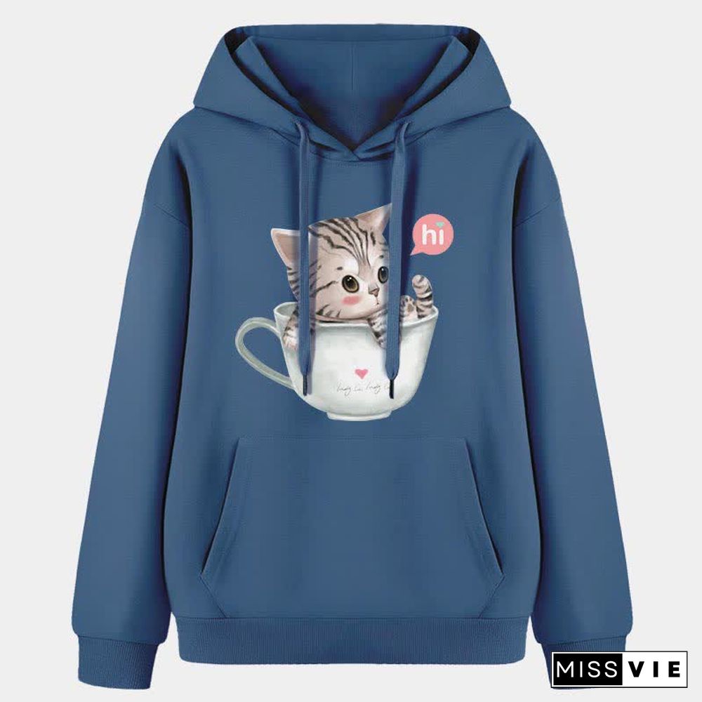 Kitty Cup Print Hoodie