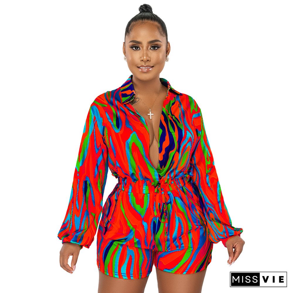 Turn Down Collar Causal Long Sleeve Print Rompers