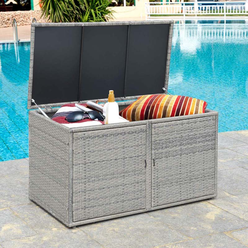 88 Gallon Patio Wicker Storage Box Rattan Deck Bench with Openable Door