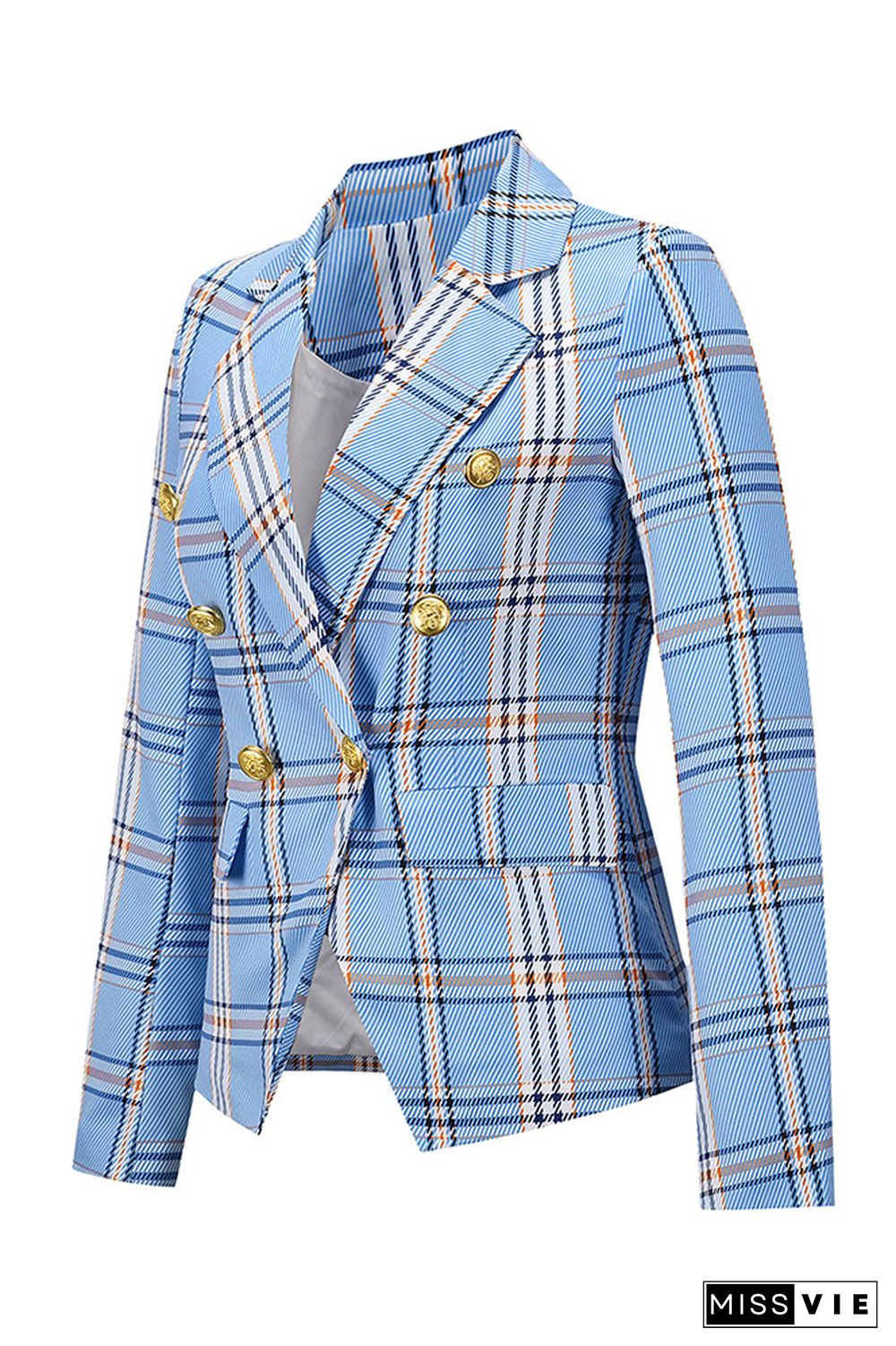 Plaid Turn Lapel Collar Pockets Blazer Women Wholesale