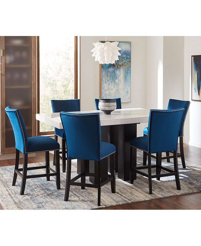 Furniture Camila 70 Rectangle Counter Height Table and Blue Velvet Counter Chair 7-Piece Set