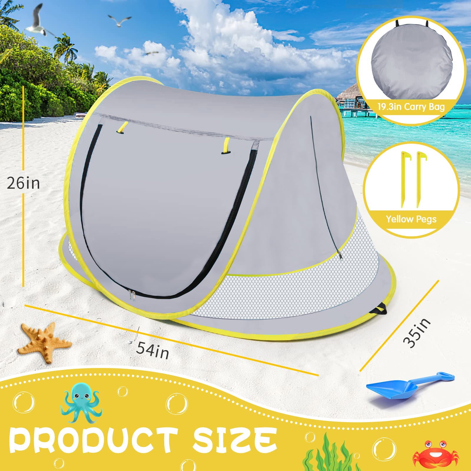 HDJ Baby Beach Tent， UPF 50+ Pop Up Beach Tent Sun Shelter， Easy Setup Play Tent for Travel， Mini Beach Tent for Kids Toddlers，Grey