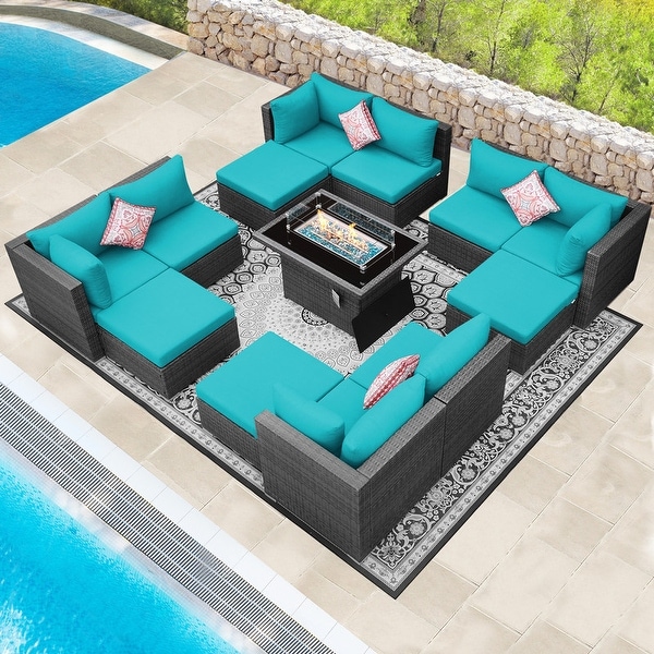 Nicesoul Outdoor Grey Wicker Sectional Furniture Patio Sofa Set with Firepit Table