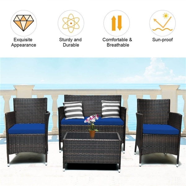 4 Pieces Comfortable Outdoor Rattan Sofa Set with Table