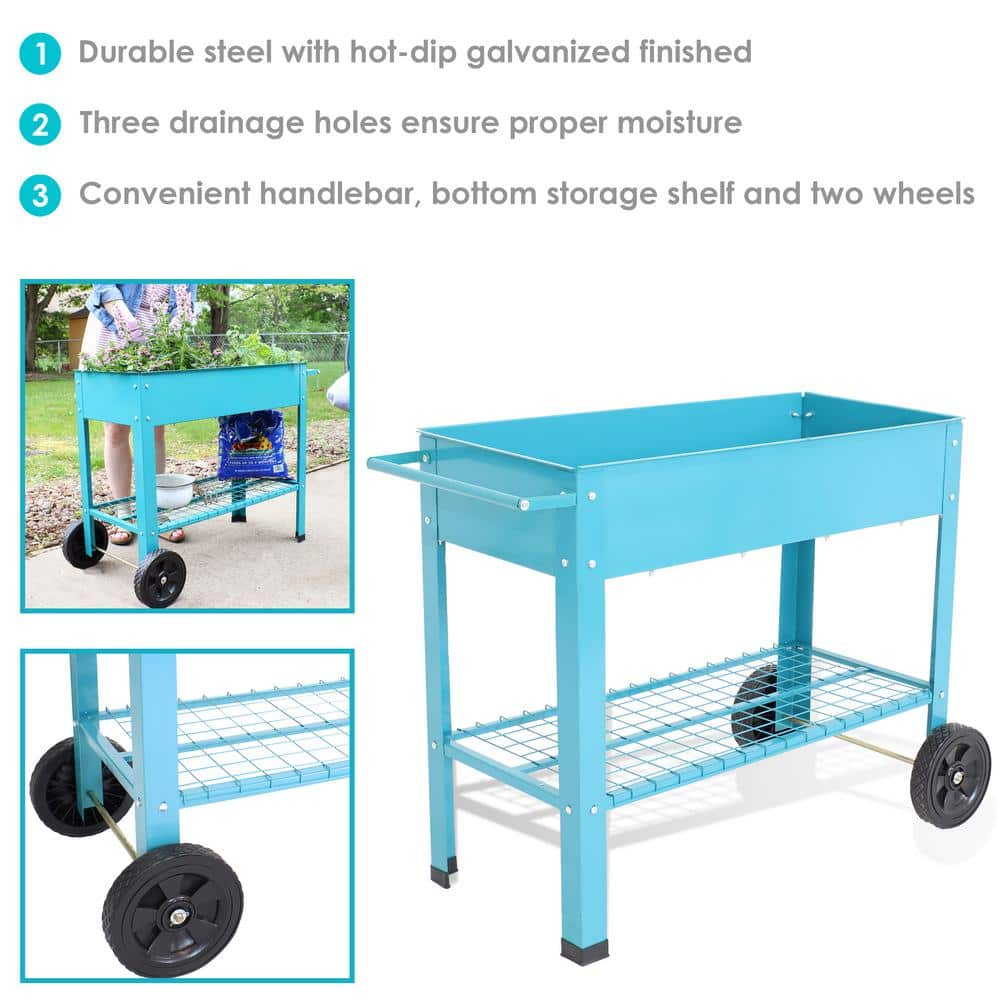 Sunnydaze Decor Galvanized Steel Mobile Raised Garden Bed Cart in Blue HB-229