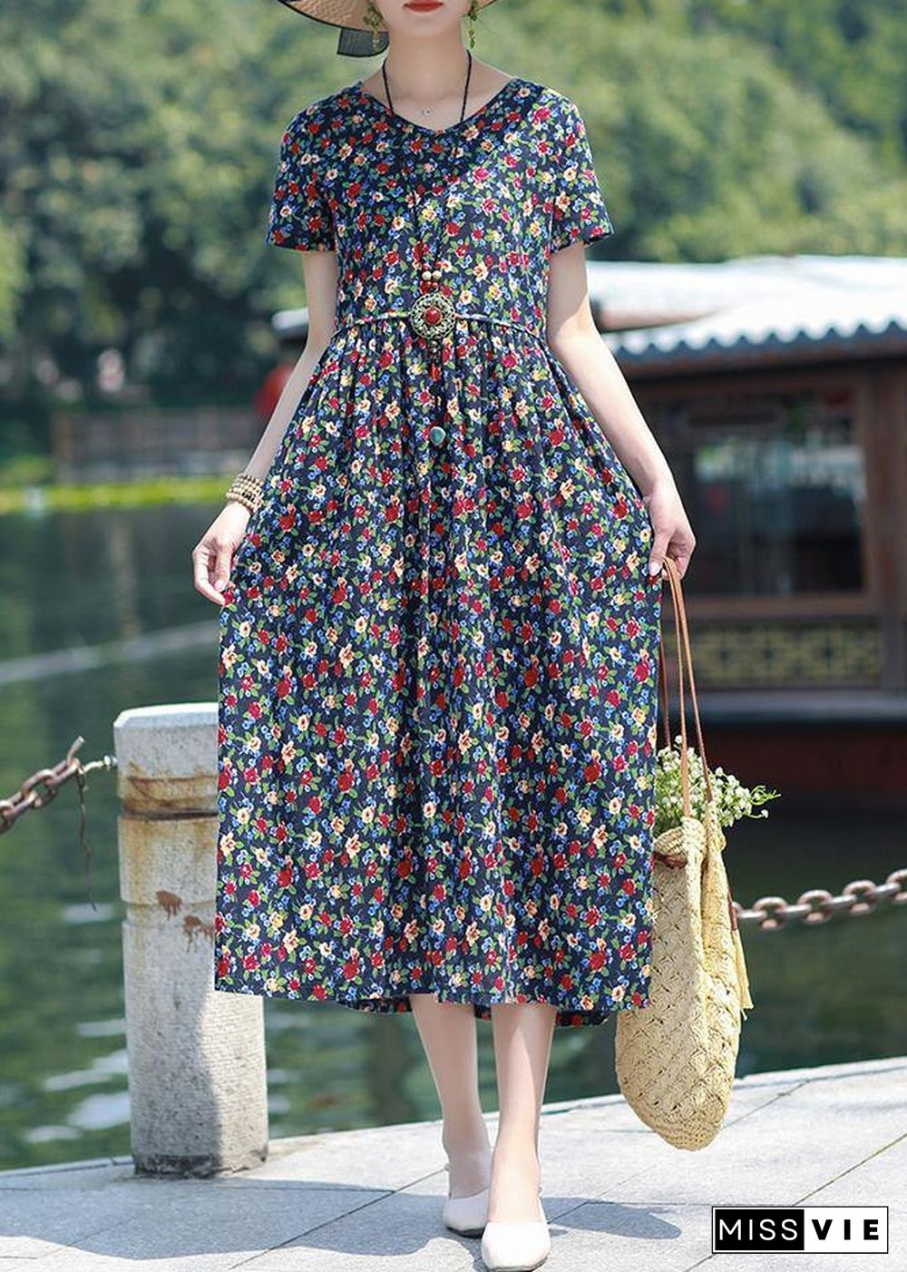 Art navy print linen clothes v neck pockets loose summer Dress