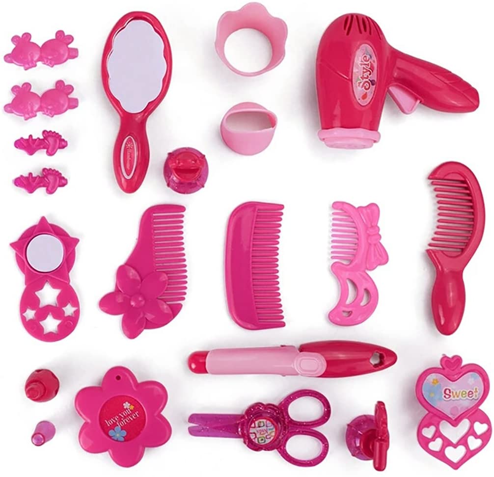 Little Girl Makeup Kit Pretend Play Hair Station with Case Kids Beauty Salon Set Toys， Hairdryer， Brush，Mirror and Styling(17pcs) Toy for little girl 1 2 3 4 Years Old