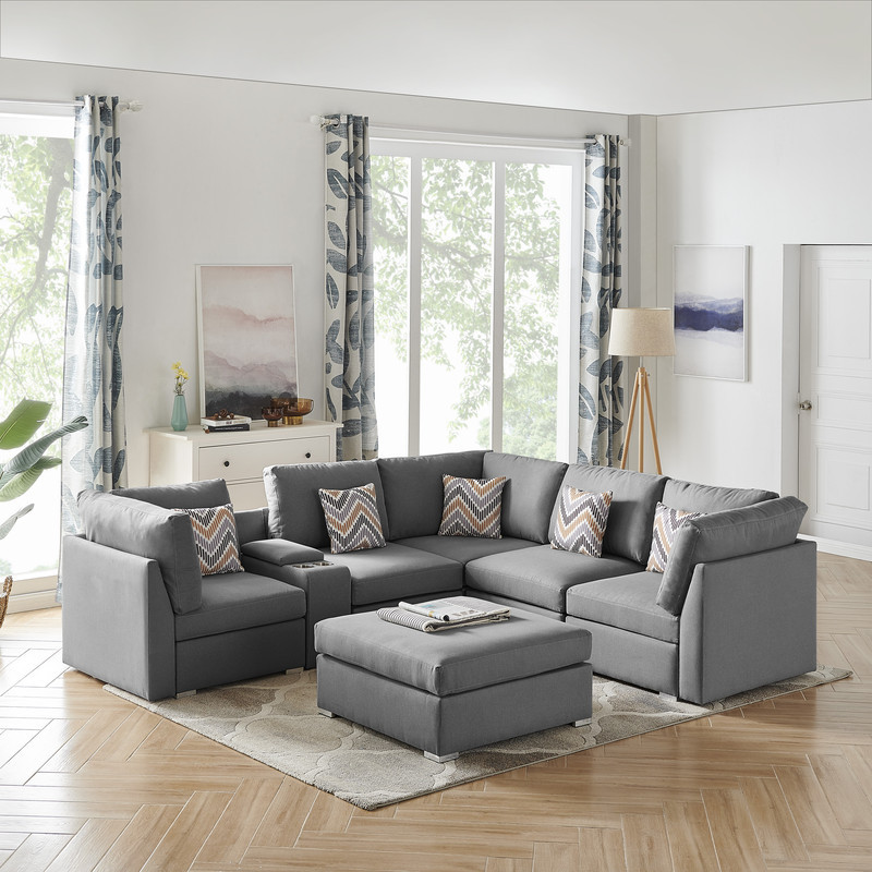 Amira Gray Fabric Reversible Sectional Sofa With Usb Console and Ottoman   Contemporary   Sectional Sofas   by Timeout PRO  Houzz